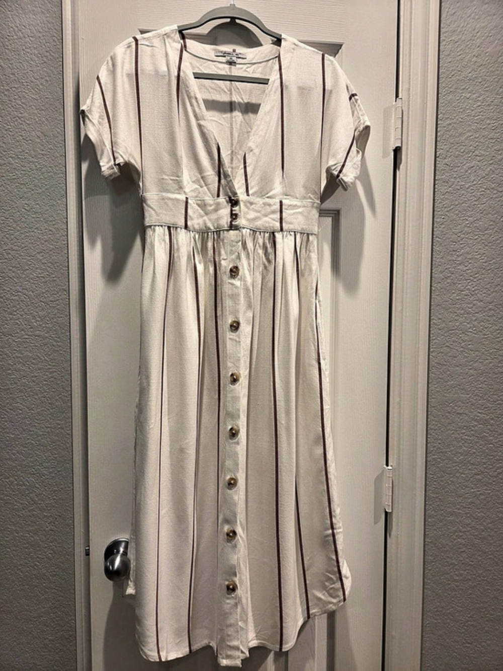 O'Neill Striped Linen Midi Dress in White & Brown Size XS